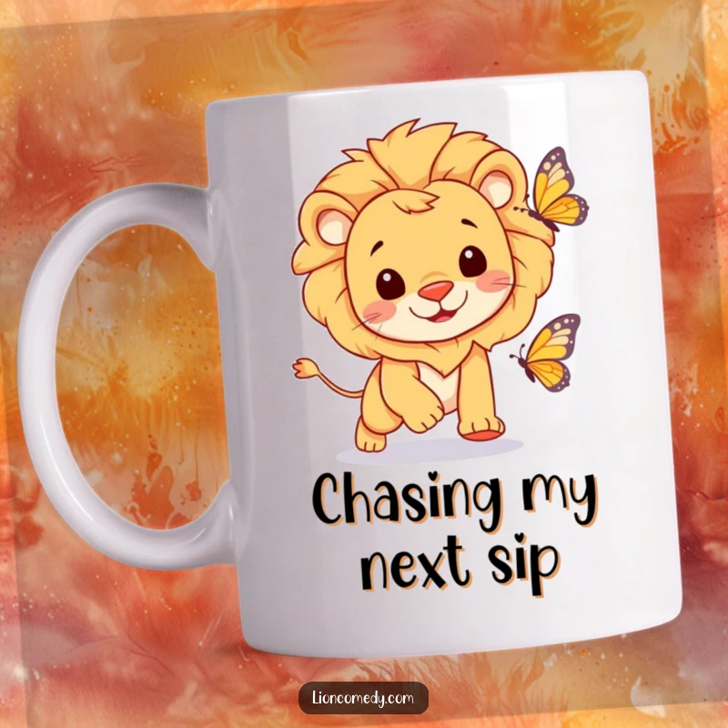 Funny lion with a cheerful expression joyfully chasing a colorful butterfly on a ceramic mug.
