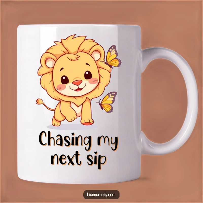 Funny Cheerful Lion Butterfly Mug - Playful Lion Chase Gift for Nature Lovers