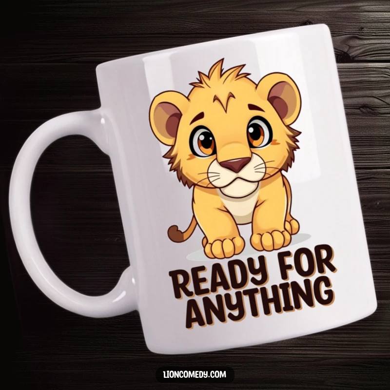 Funny Mug featuring a lion cub pouncing forward with wide, curious eyes, embodying playful exploration and excitement.