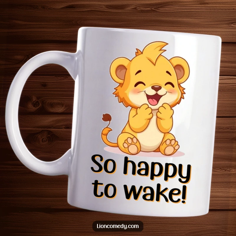 Funny Mug featuring a lion cub clapping its paws together in delight, embodying pure happiness and excitement.