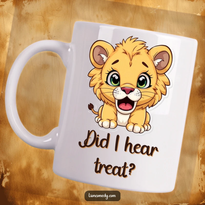 Funny lion cub mug depicting a cub with comically wide eyes and an open mouth, caught in a moment of surprise.