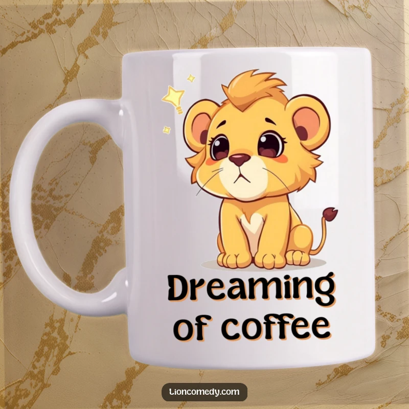 Funny lion cub mug, depicted with wide-eyed wonder watching a shooting star, a magical and heartwarming design for gift.