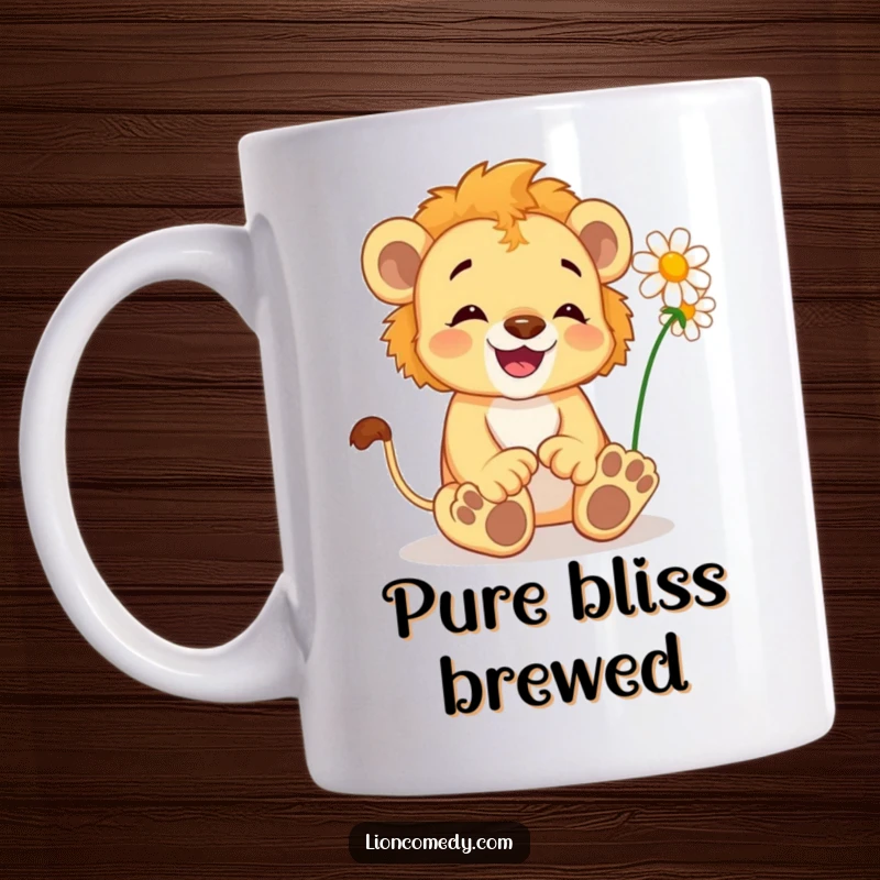 Funny Lion Cub Mug: A happy cub wiggles its toes with delight, feeling tickled by a delicate daisy, pure bliss.