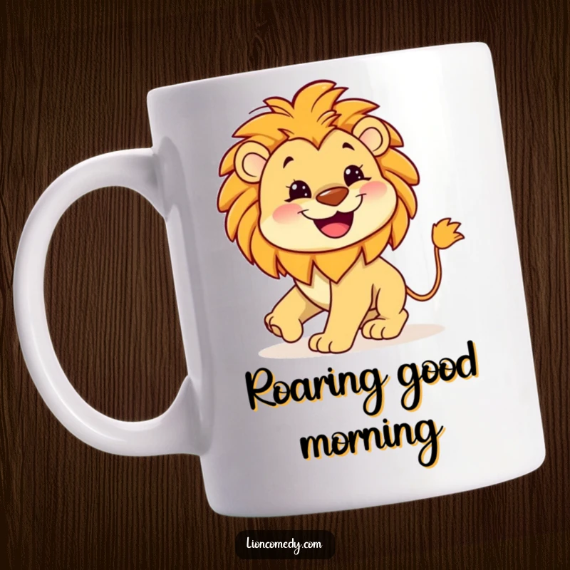 Funny Grinning Lion Mug featuring a cute kawaii lion with a wide, happy grin, playfully chasing its own tail in a circle.