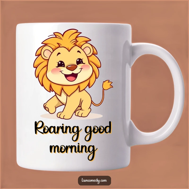 Funny Grinning Lion Mug: Kawaii Leo Tail Chase - Playful Gift