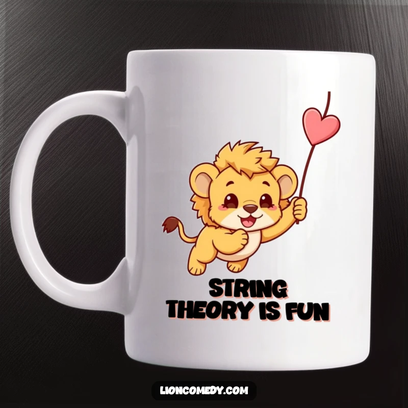 Funny kawaii lion cub, mid-pounce on a dangling string, looking playful and cute on this giftable mug.