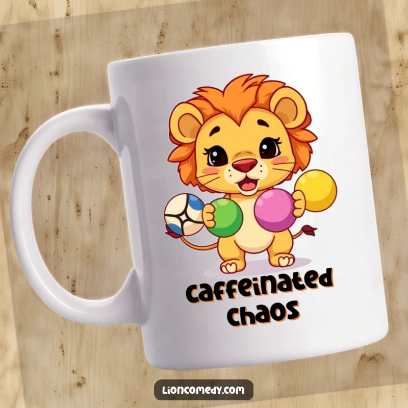 Funny kawaii lion with a determined expression, skillfully juggling three colorful balls on this giftable mug.