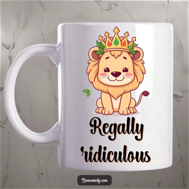 Funny kawaii lion wearing a crown of leaves, striking a kingly yet goofy pose, depicted on a whimsical mug.