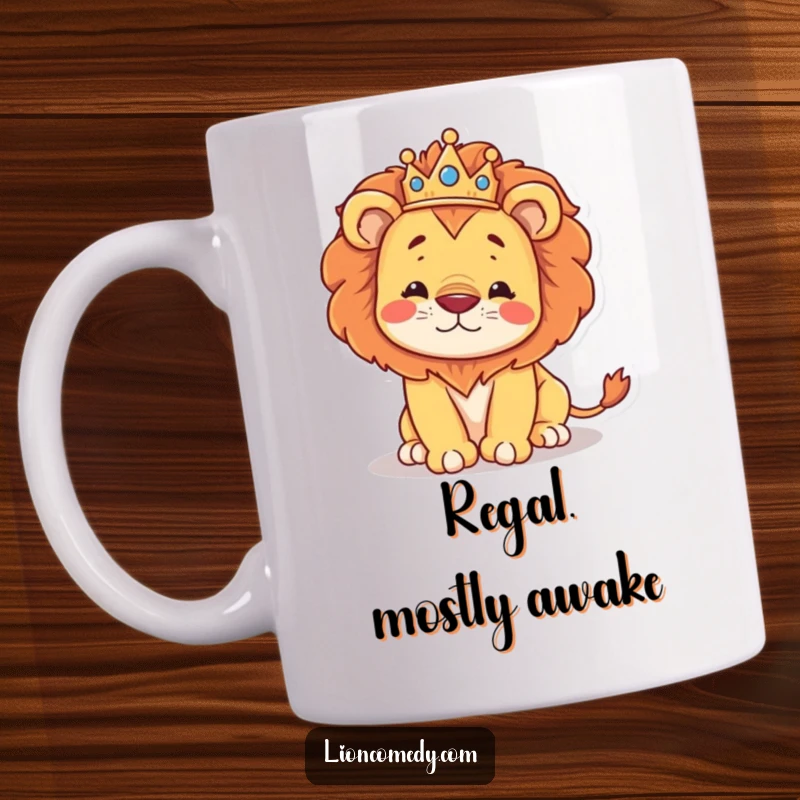 Funny kawaii lion wearing a tiny crown, looking regal then hilariously stumbling, captured on this giftable mug.