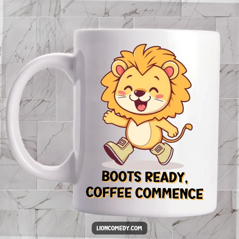Funny kawaii lion wearing tiny boots, marching with exaggerated enthusiasm, a determined and cheerful character on a mug.