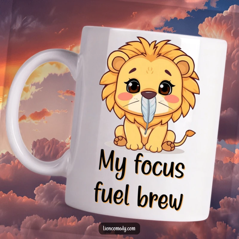 Funny Kawaii lion mug depicting a lion intensely concentrating on balancing a feather on its nose. Hilarious dedication.