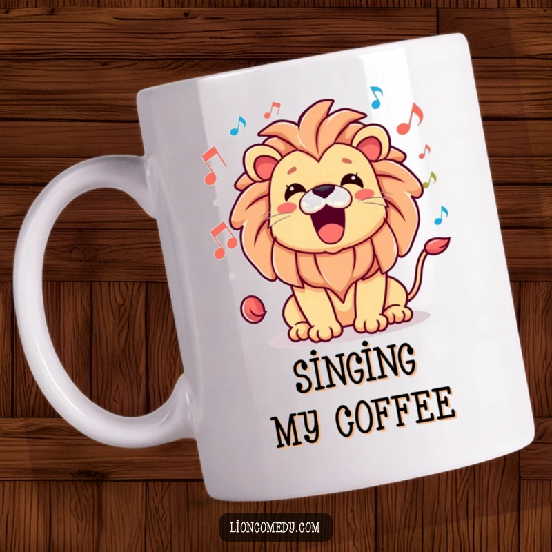 Funny mug displaying a kawaii lion with a wide, happy roar, surrounded by musical notes, celebrating music.