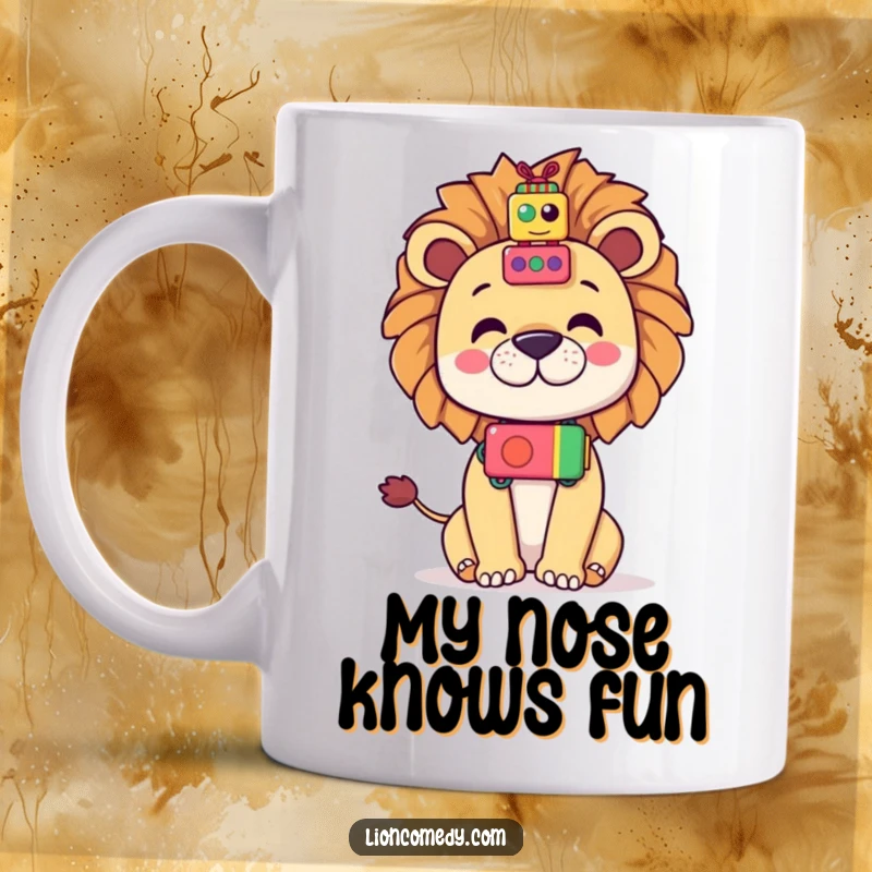 Funny Kawaii Lion Mug: A cute lion balances colorful toys on its nose, a whimsical and funny gift idea.