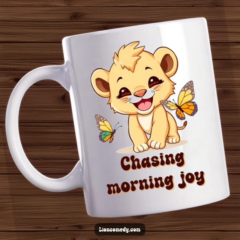 Funny Lion Cub Mug, a cute lion cub with a wide grin, playfully chasing a colorful butterfly.