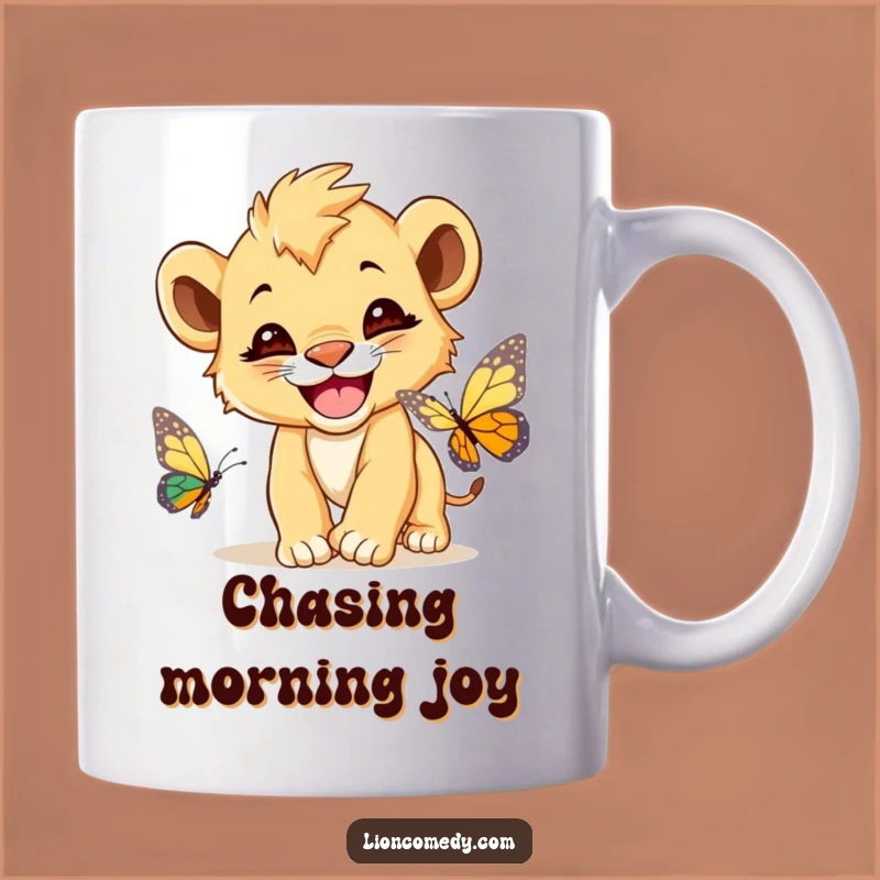Funny Lion Cub Butterfly Mug - Playful Chase, Perfect Gift