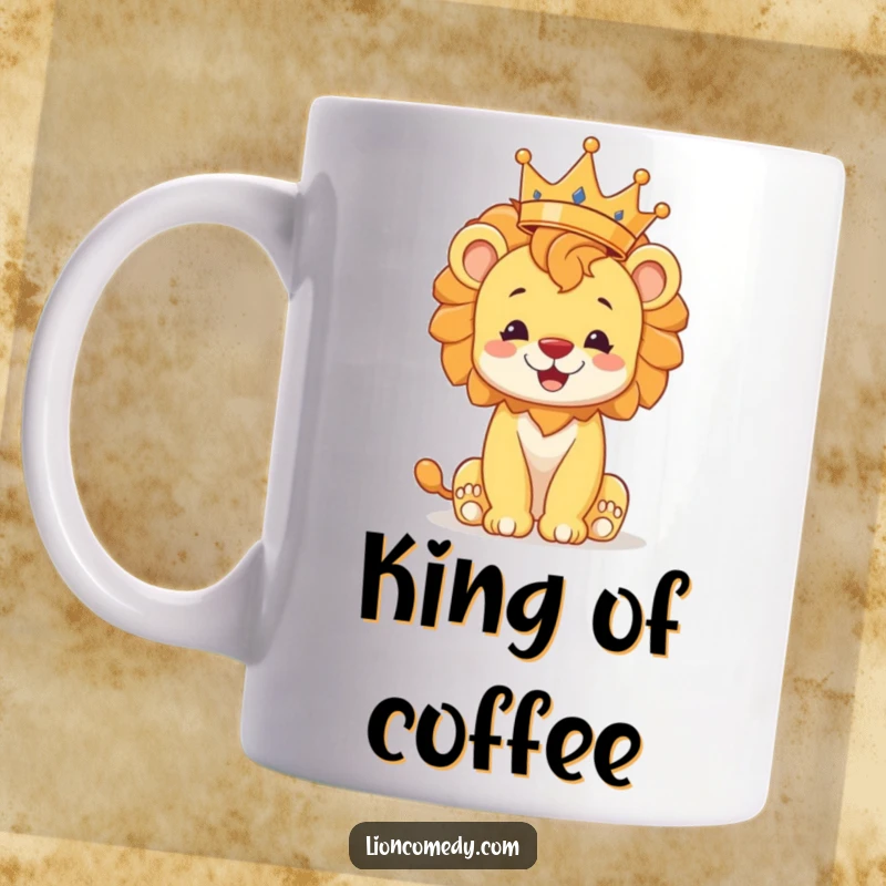 Funny lion cub mug, cheerfully balancing a crown precariously on its tiny mane, a regal and humorous design for gift.
