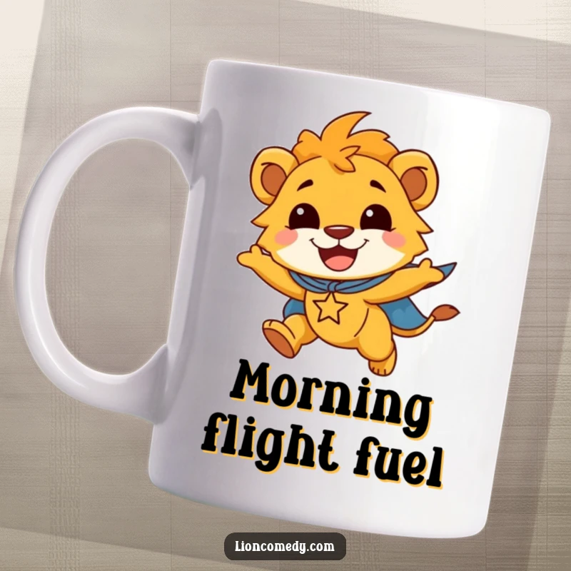 Funny mug showing a smiling lion cub wearing a superhero cape, flying joyfully through the sky with a determined yet happy expression.