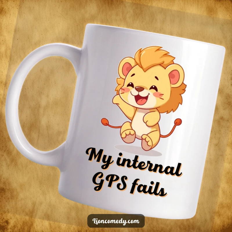 Funny lion cub mug depicting a joyful cub gleefully chasing its own tail in a dizzying, energetic circle.