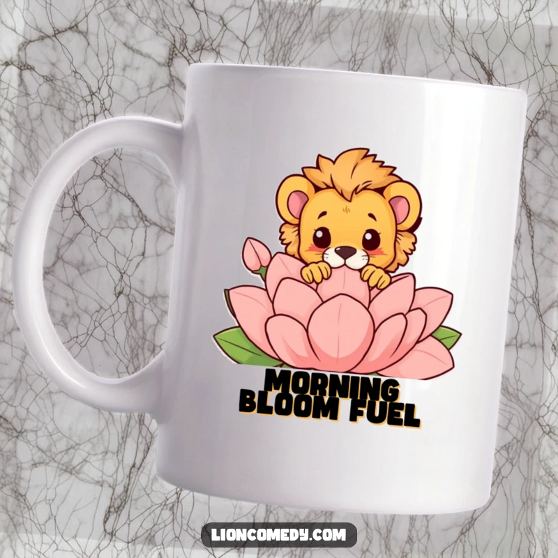 Funny mug showing a curious lion cub peeking over the top of a large, stylized flower, capturing a moment of playful discovery.