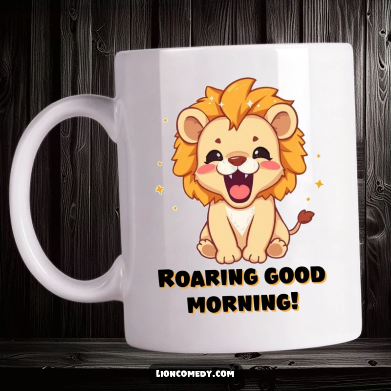 Funny Mug: A roaring lion cub with tiny stars and sparkles around its mane, exuding cute fierceness and charm.