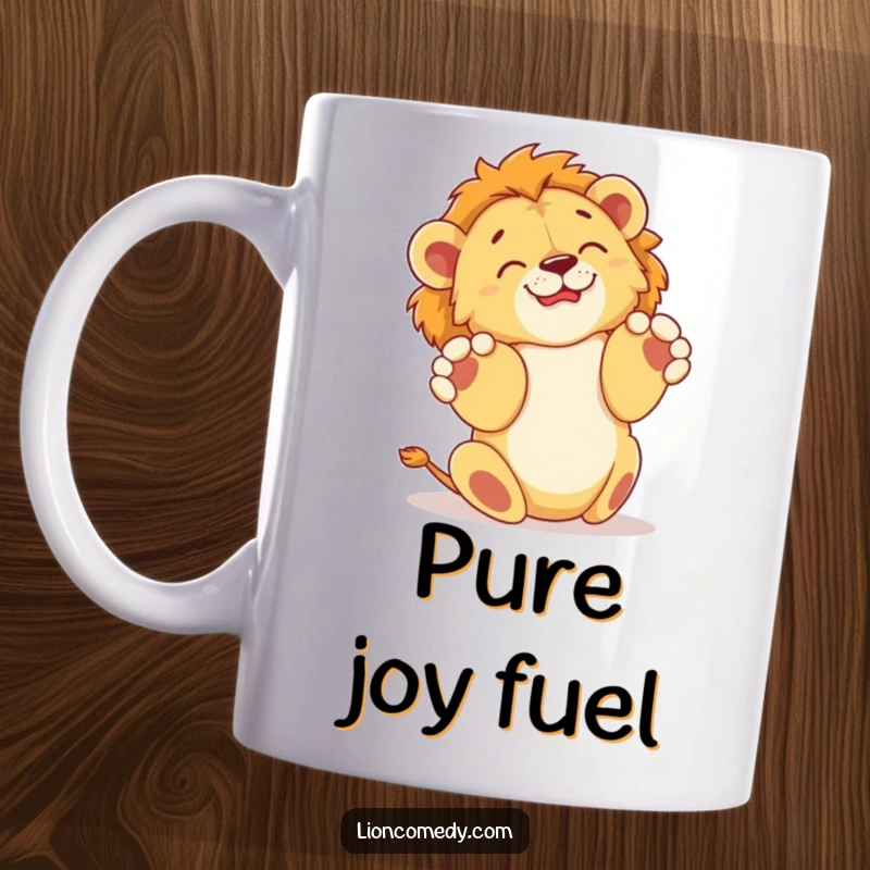 Funny mug showing a lion cub happily rolling on its back with all four paws playfully in the air, embodying pure bliss.