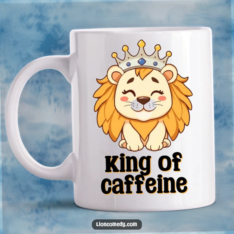 Funny regal lion wearing a tilted crown and winking, exuding playful royalty on a ceramic mug.