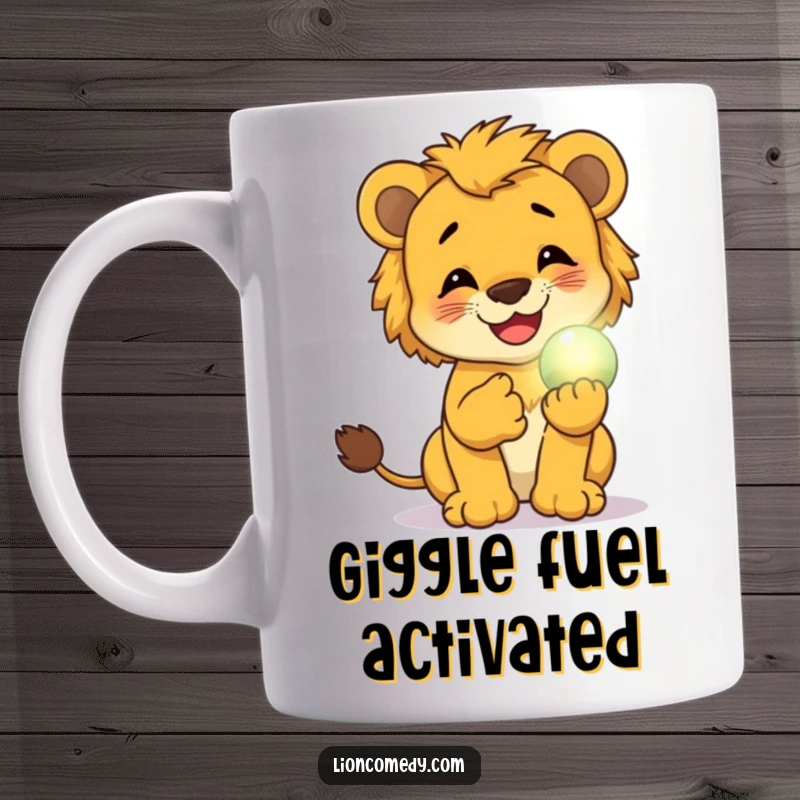 Funny mug showing a lion cub giggling with pure joy while holding a small, softly glowing magical orb, radiating happiness.