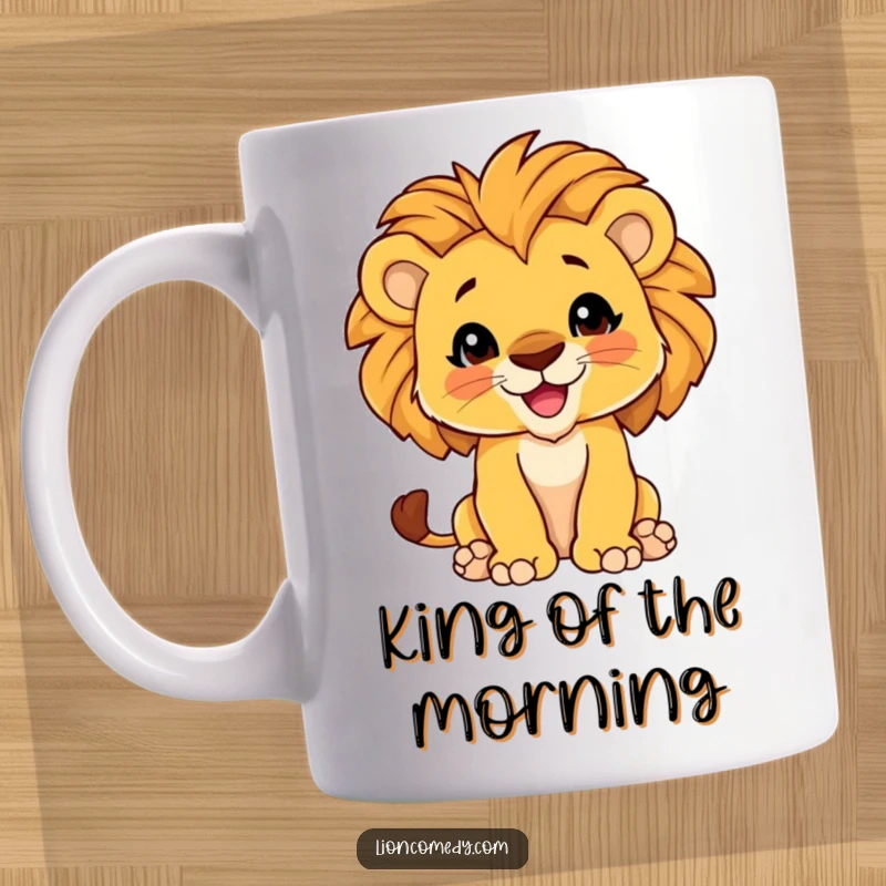 Funny Mug featuring a proud lion cub with a fluffy mane sticking its chest out playfully, showcasing pure joy and confidence.