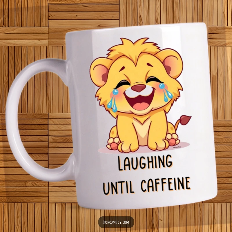 Funny mug showing a lion cub laughing so hard that tears stream down its face, embodying pure funny joy.