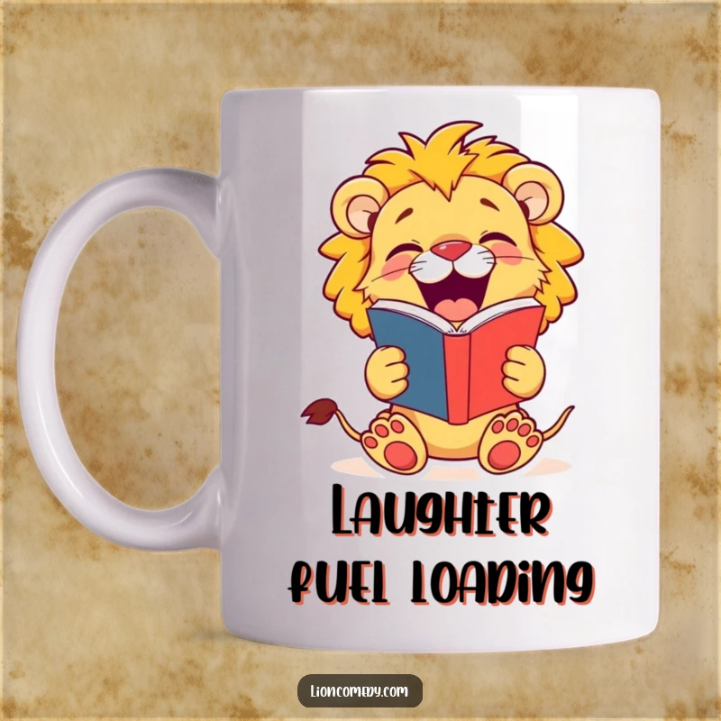 Funny Lion Cub Mug: A happy cub laughs heartily, holding an open joke book, radiating pure, infectious mirth.