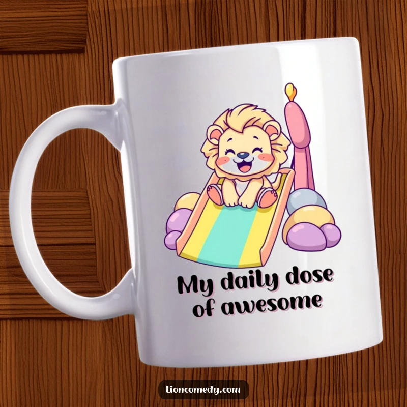 Funny Mug: Tiny lion joyfully slides down a vibrant rainbow, spreading laughter and happiness. Perfect for animal lovers seeking a humorous gift.