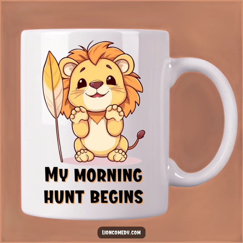 Funny Lion Pouncing Mug: A Playful Cub's Feather Frenzy, Perfect Gift