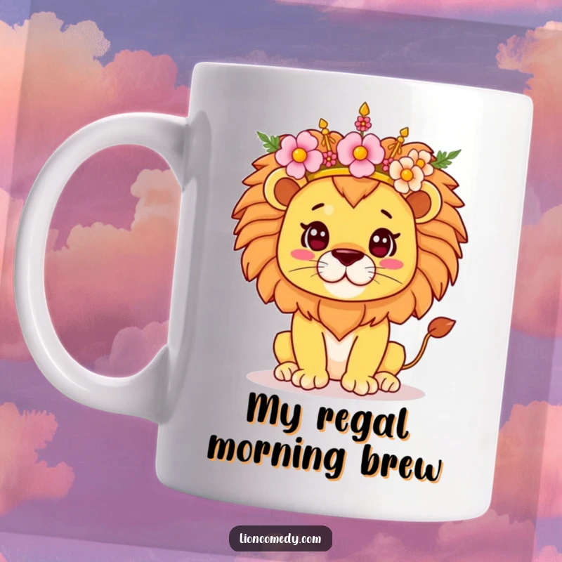 Funny Kawaii Lion Mug with a proud look, balancing a beautiful crown of flowers on its head, exuding regal charm and gentle humor.