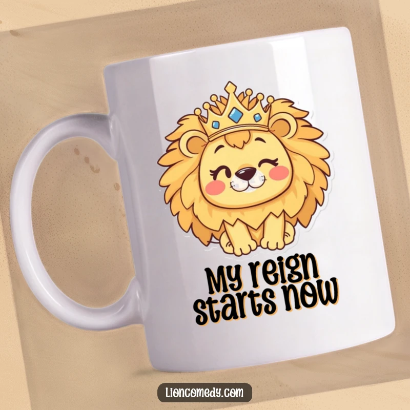 Funny kawaii lion mug featuring a cute lion wearing a golden crown, winking playfully, perfect for a regal start.
