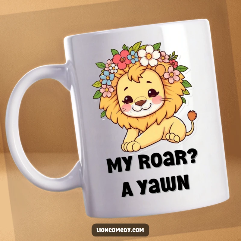 Funny mug showing a cute kawaii lion with a floral mane stretching lazily, radiating relaxed cuteness and morning chill.