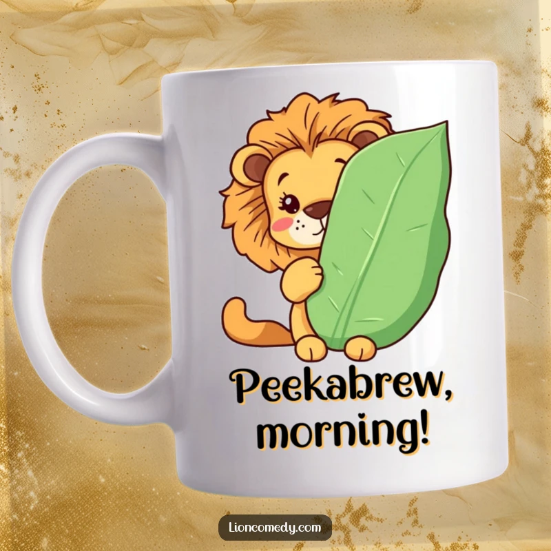 Funny Kawaii lion mug with a comical leaf obscuring most of its face, only eyes peeking out. Adorable and humorous.