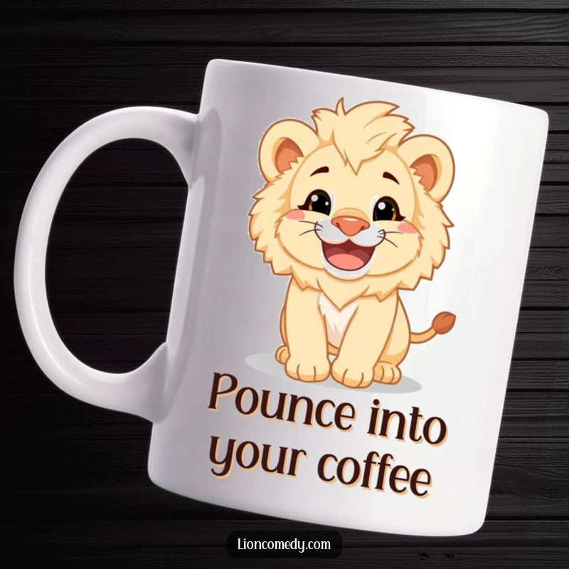 Funny fluffy lion cub with a huge grin pouncing playfully, depicted on a mug, embodying adventurous cuteness.