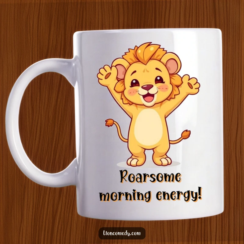 Funny dancing lion cub mug, arms raised high in celebration, radiating pure joy and playful energy, perfect unique gift.