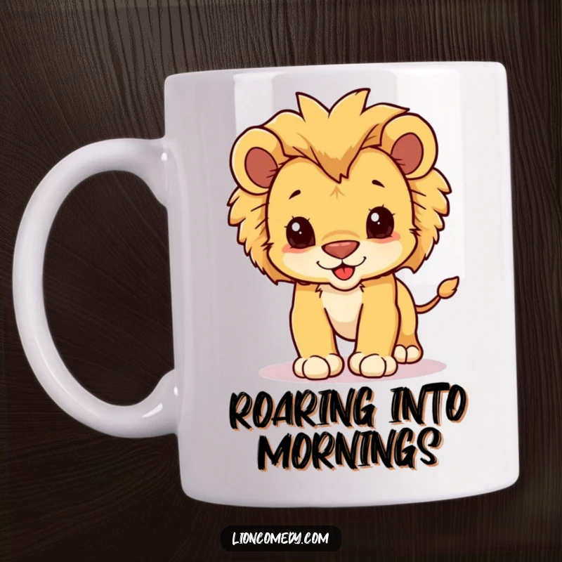 Funny mug showing a cute kawaii lion cub with a fluffy mane, playfully pouncing forward with energetic charm.