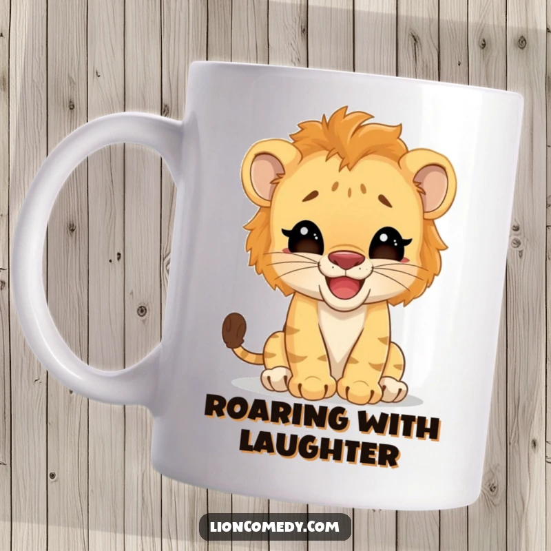 Funny Mug: A giggling lion cub playfully pretends to be a big cat, showing off its adorable mischief. A humorous gift for lion lovers.
