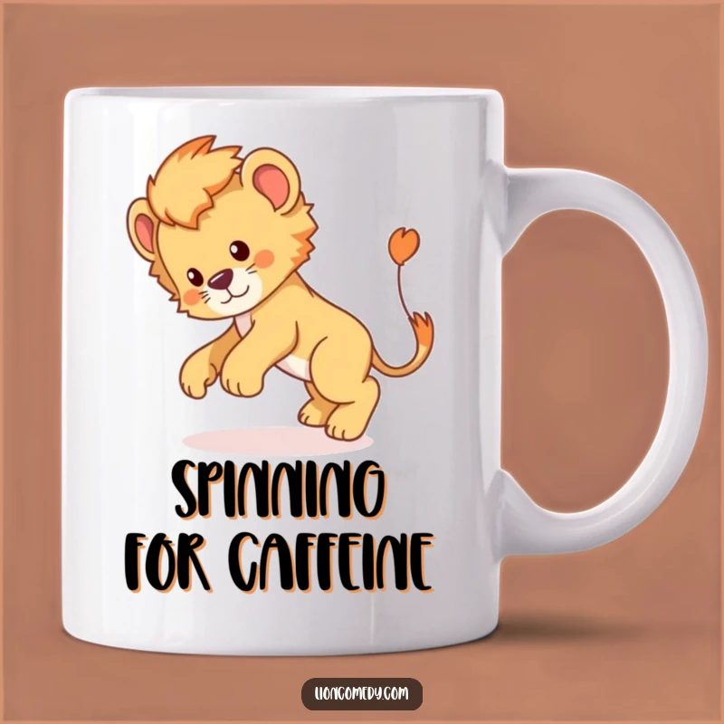 Funny Lion Cub Tail Chase Mug: Hilarious Cartoon Gift for Playful Pups and Adults