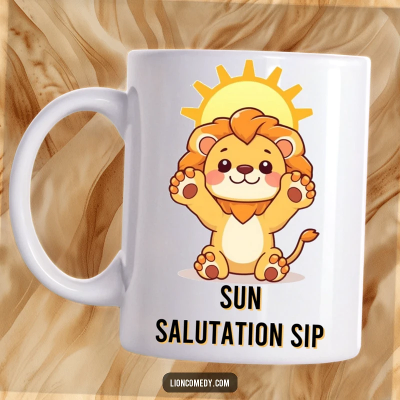 Funny Stretching Lion Mug featuring a cute kawaii lion stretching its paws upwards towards a bright, smiling sun.