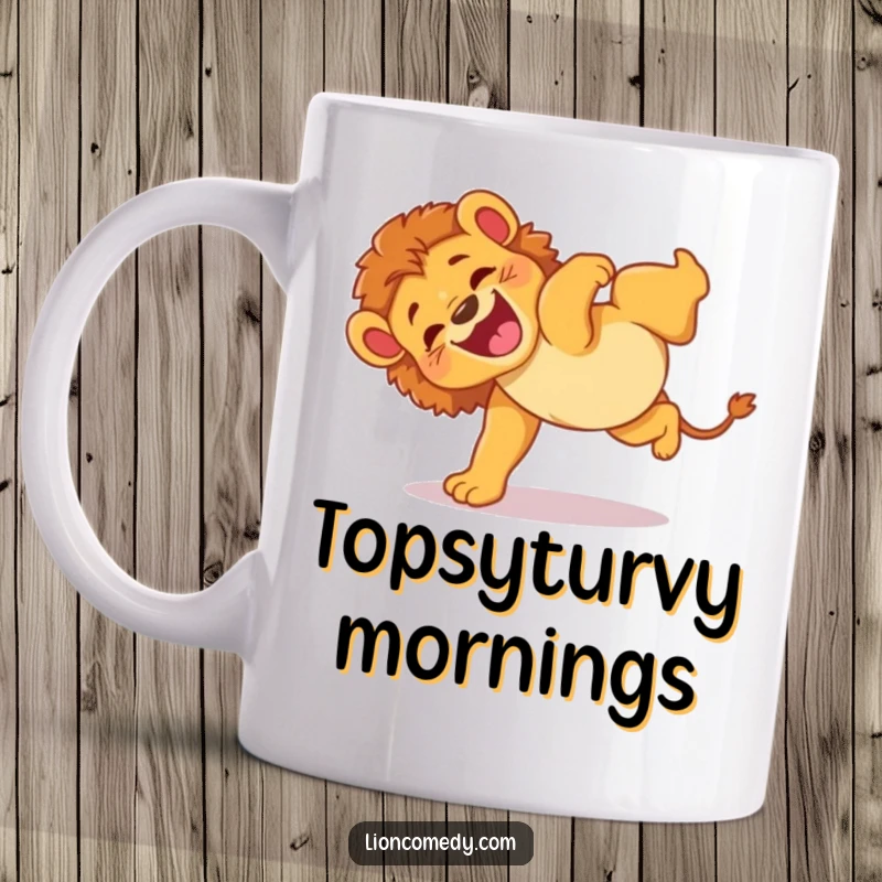 Funny mug showcasing an energetic lion cub performing a clumsy somersault with pure glee and a happy, wide-eyed expression.