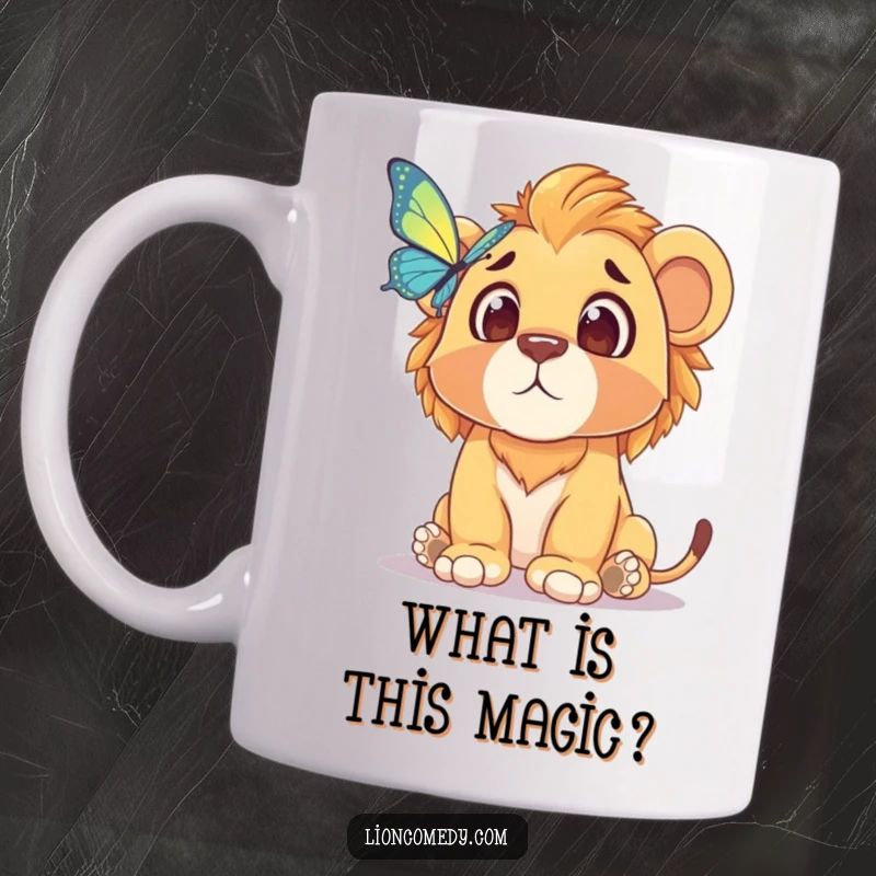Funny mug featuring a wide-eyed lion cub startled by a delicate butterfly, capturing a moment of pure, humorous astonishment.