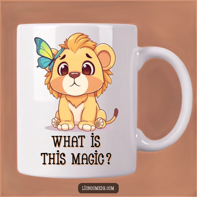 Funny Lion Cub Surprise Mug: Adorable Cub Startled by Butterfly, Perfect Gift