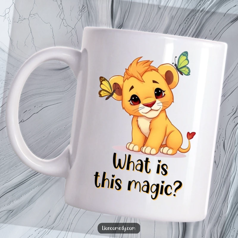 Funny Lion Cub Mug: A cute cub tilts its head, full of wonder, watching a butterfly flutter by, expressing curiosity.