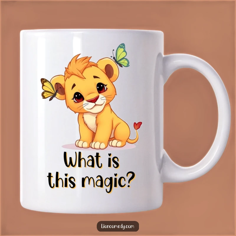 Funny Curious Lion Cub Mug - Adorable Animal Watching Butterfly, Perfect Gift