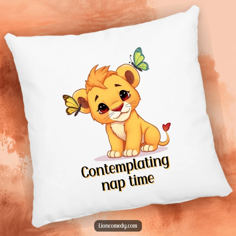 Funny Lion Cub Pillow: A fluffy cub tilting its head curiously as it observes a butterfly fluttering nearby.