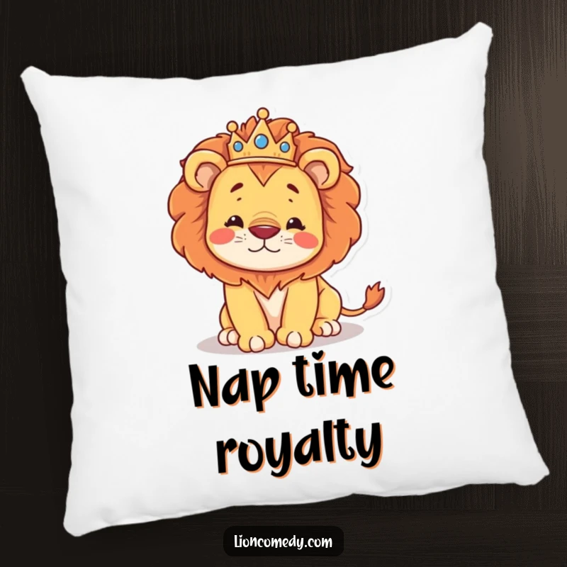 Funny soft pillow featuring a regal kawaii lion wearing a crown, hilariously stumbling, perfect for cozy humor.