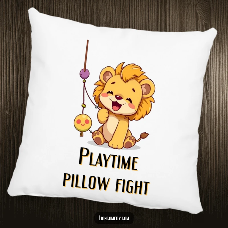 Funny lion cub pillow showing a cub comically batting at a dangling string toy with its paws, full of playful energy.